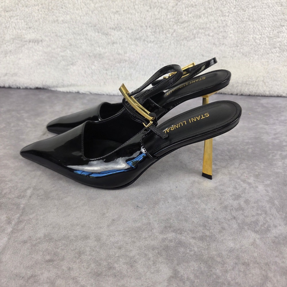 Stani Lunraut Black Patent Slingback Pointed Toe Gold Stiletto Heels Size 38